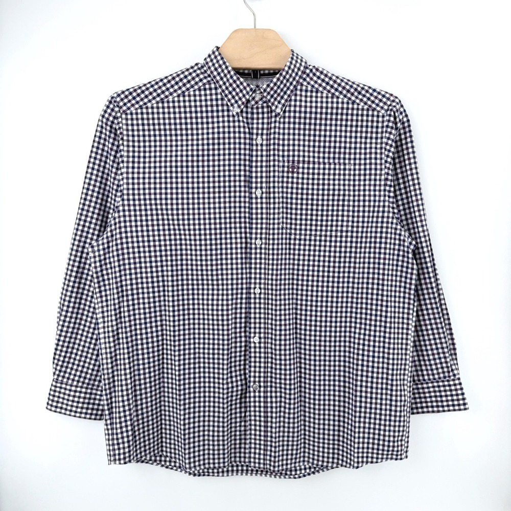 Ariat Pro Series Gingham Shirt XL Cotton Blend Purple Navy Western Casual Preppy